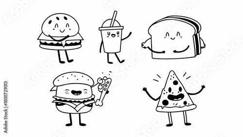 Cute food characters doodle set vector illustration fun lunchtime characters