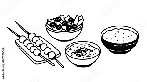 Doodle style vector illustration of a mediterranean lunch set with hummus and pita bread