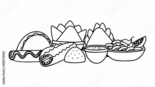 Hand-drawn mexican food fiesta vector illustration delicious tacos burritos nachos and salsa scalable
