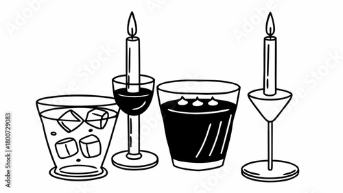 Hand-drawn vector illustration of midnight drinks with flickering candle light atmosphere