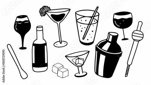 Hand drawn doodle bar tools and cocktail glasses vector illustration set