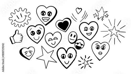 Doodle heart emojis and stars vector illustration scalable hand drawn emotions