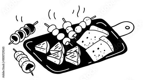 Hand drawn doodle mixed grill platter with kebabs tikka and cheese vector illustration scalable