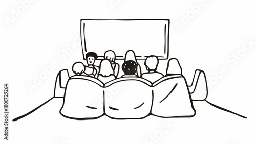 Vector illustration of people enjoying a cozy movie night scene