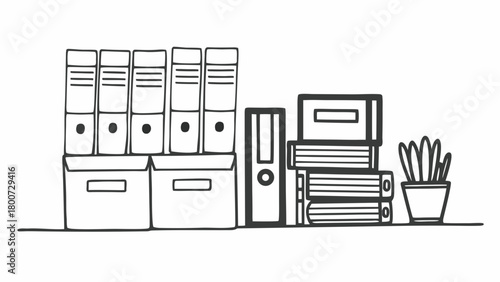 Organized office supplies vector illustration set doodle style scalable file folders books pens