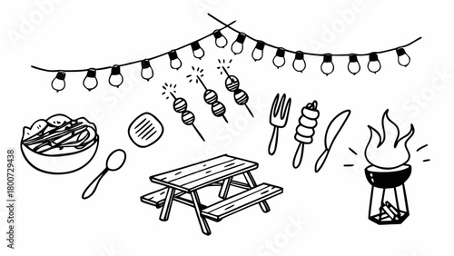 Outdoor bbq night doodle illustration set with grill lights and food elements