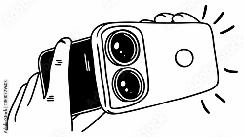 Hand holding modern smartphone rear camera module with dual lenses vector illustration