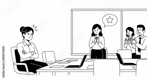 Disgruntled woman in meeting contrasted with praised colleague and applauding coworkers