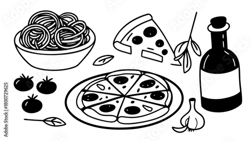 Doodle vector illustration of italian food pizza pasta garlic tomatoes olive oil bottle
