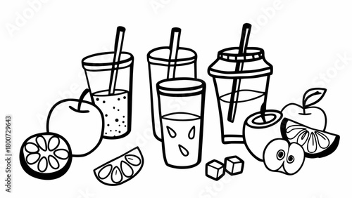 Hand-drawn vector illustration of fresh orange juice apple juice and citrus fruit