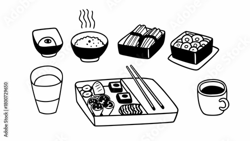 Japanese dinner set vector illustration doodle style ramen sushi bento box drinks