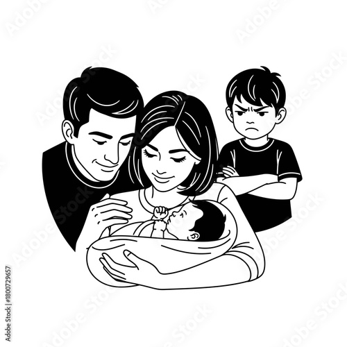 Loving parents with newborn and jealous older brother in black and white