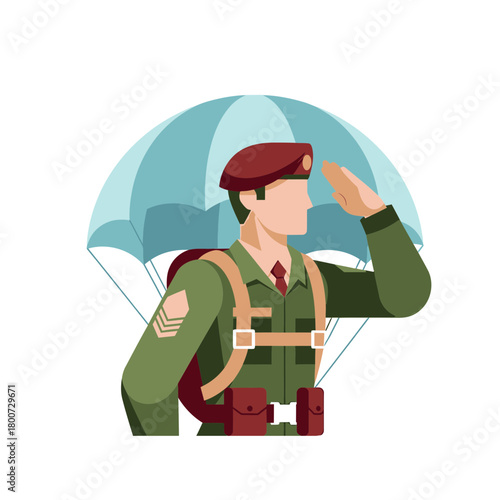 Saluting Paratrooper in Olive Uniform with Maroon Beret and Light Blue Parachute