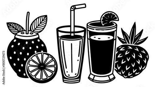 Hand drawn doodle vector set of fresh fruit juices and milk drinks