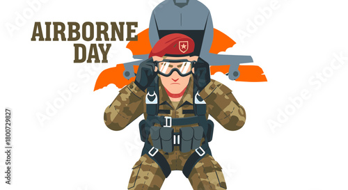 Airborne Soldier Adjusting Goggles with Plane Silhouette for Airborne Day