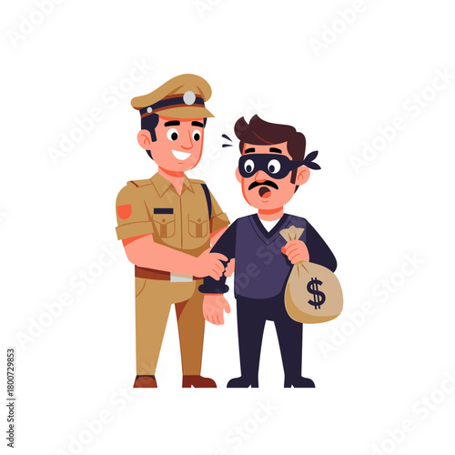 Cartoon Policeman Arresting Surprised Burglar Holding Money Bag with Dollar Sign