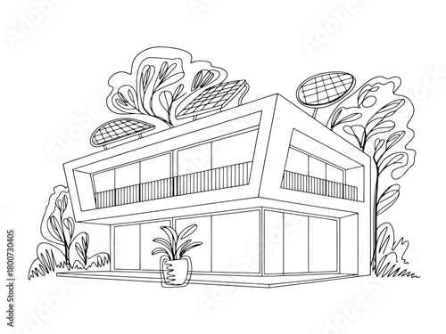Contemporary modern house with solar panels and lush greenery line art home architecture