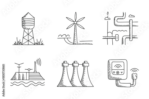Hand Drawn Icons Representing Renewable Energy and Water Infrastructure water tower wind turbine