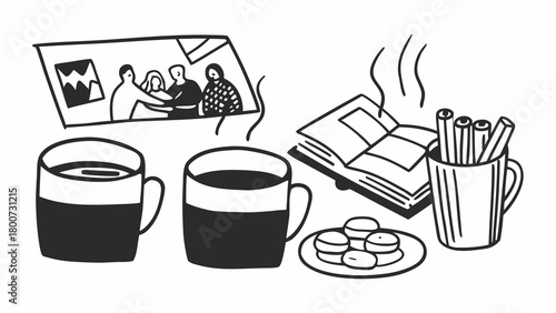 Relaxing office break doodles sofas mugs coffee break vector illustration scalable eps icon