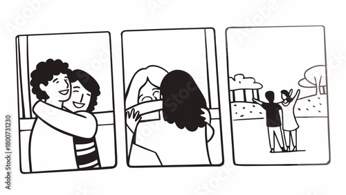 Happy reunion friends hugging greeting outdoors embrace joyful moment