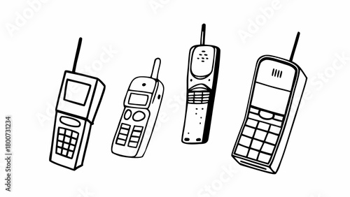 Retro mobile phone doodles collection vintage technology vector illustration
