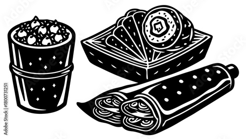 Vector doodle illustration of egg rolls paratha food set scalable eps icon