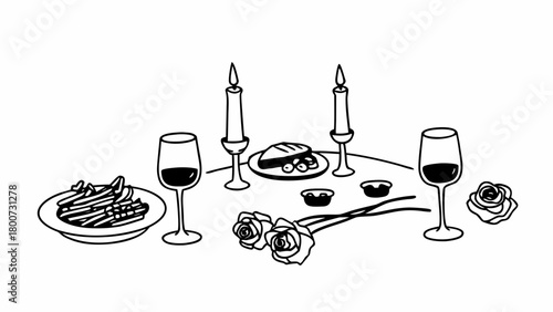 Romantic dinner table for two with wine candles and roses vector illustration