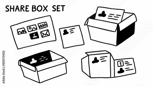 Doodle style vector illustration of share boxes with messages and profile cards scalable eps