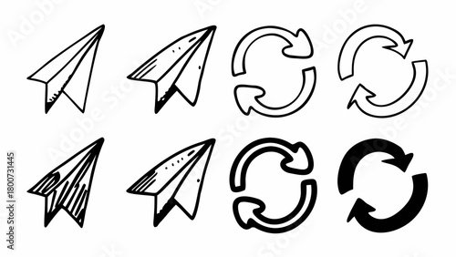 Hand drawn doodle arrows and paper airplanes vector icons set scalable eps