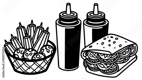 Hand-drawn vector illustration set of delicious shawarma meal with fries and sauces