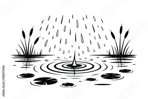 Raindrops Falling on Water with Lily Pads and Cattails illustration