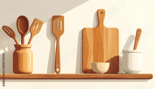 Flat Ochre & Cream Icons of Kitchen Essentials Set