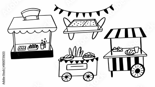 Doodle street food carts set scalable vector illustration eps icon art