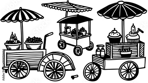 Doodle style street food carts with umbrellas and treats vector illustration scalable eps
