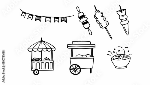 Hand drawn street food illustration set doodles kebabs noodles and carts vector