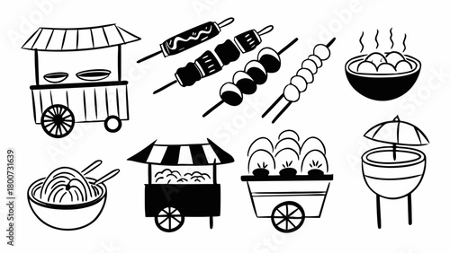 Doodle street food set vector illustration scalable eps icon kebab noodles