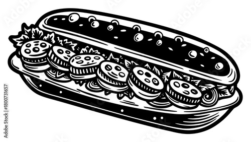 Hand drawn doodle of a long sub sandwich with toppings vector illustration