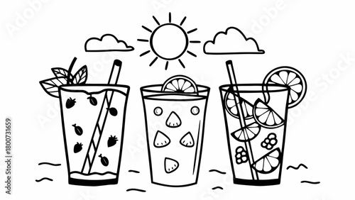 Summer drinks doodles vector illustration set refreshing iced tea lemonade beverages icon