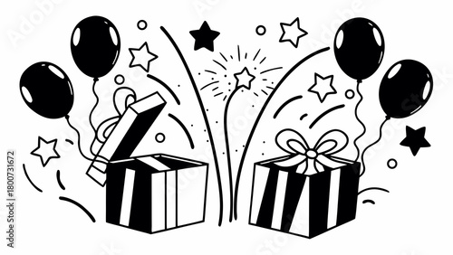 Hand drawn surprise party doodle vector illustration open gifts balloons stars fireworks
