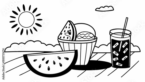 Doodle style summer lunch set featuring watermelon ice cream and refreshing drink vector art