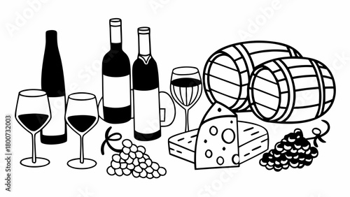 Doodle vector set of wine glasses bottles barrels cheese and grapes for celebration