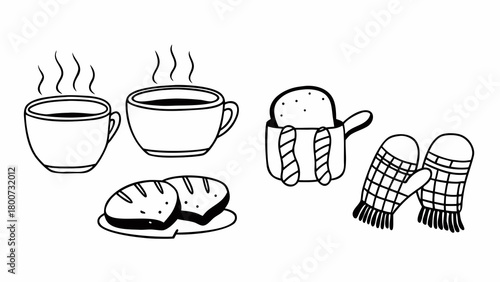 Cozy winter lunch set doodle illustration hot drinks bread mittens and scarf vector art