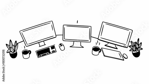 Doodle illustration of a multi-monitor computer workstation with plants and coffee cups