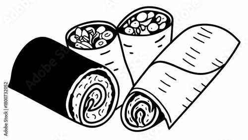 Doodle illustration of filled tortilla wraps and rolls scalable vector graphic for food design