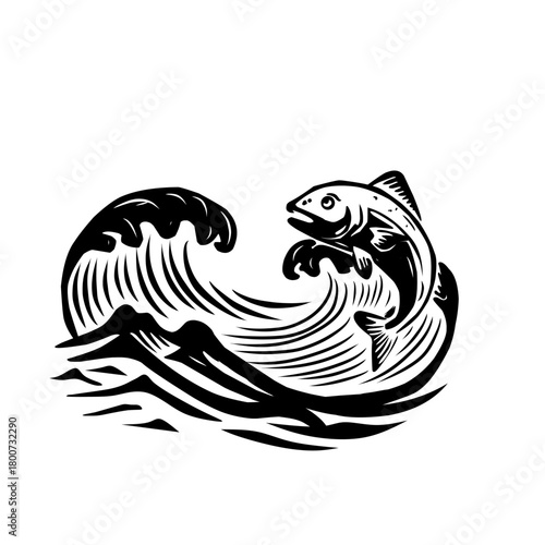 Dynamic fish and wave illustration in bold black lines. Perfect for fishing logos, outdoor adventure designs, marine themes, badge artwork, and sport angler branding