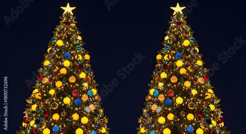Two Decorated Christmas Trees Illuminated at Night with a Star on Top