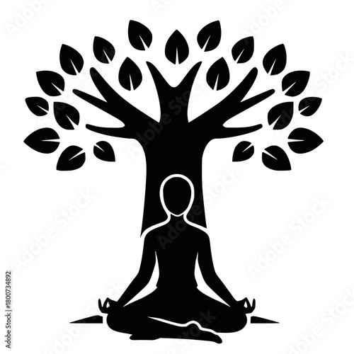 Silhouette of Meditator in Lotus Pose Under Bodhi Tree