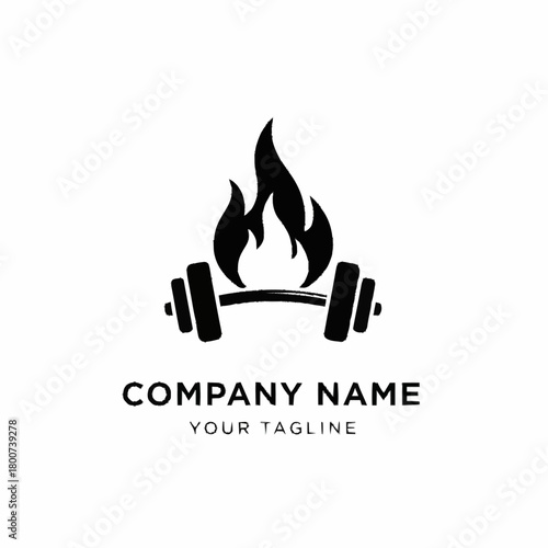 Fiery barbell logo representing fitness and strength for gym branding.