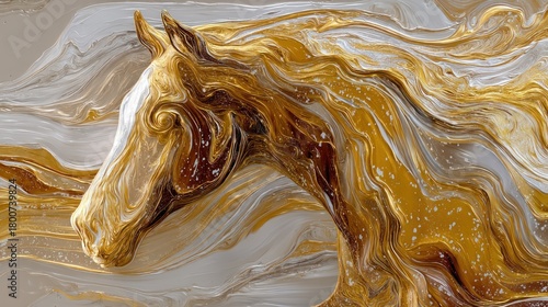 A dynamic, abstract painting of a horse's head in motion, with swirling, flowing colors and textures, set against a neutral background.