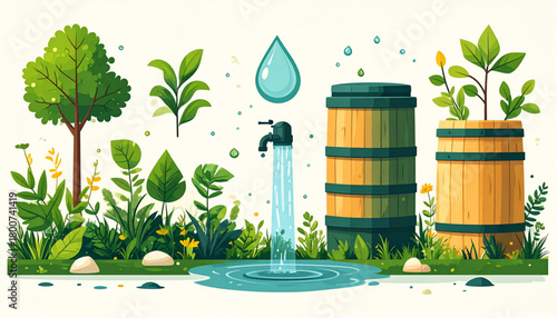 Flat Green & Beige Icons of Sustainable Water Management